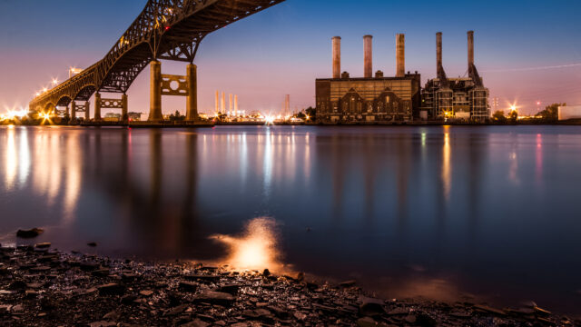 Jersey City, NJ, USA - June 28, 2012: Kearny Power Station and Pulasky Skyway at dusk