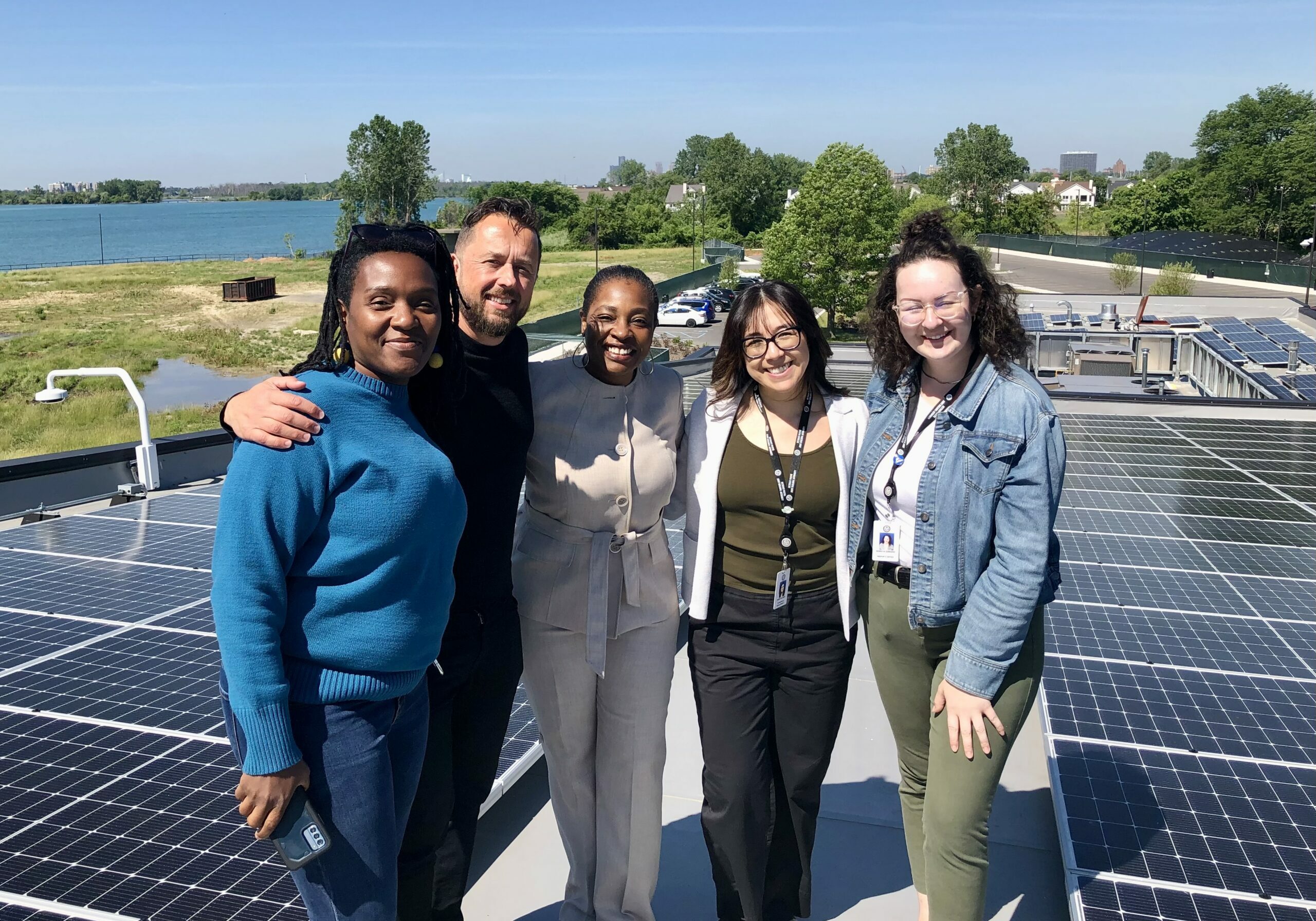 Pictured, left to right: Patrice Brown, Associate Director of Urban Agriculture, City Of Detroit; Tim Skrotzki, Associate Director - Partnerships, Elevate; Shawna Forbes Henry, Director - Community Programs (MI), Elevate; Maria Galarza, Deputy Director - Office of Sustainability, City Of Detroit; Rebecca Serrano, Michigan Climate Corp Fellow. 