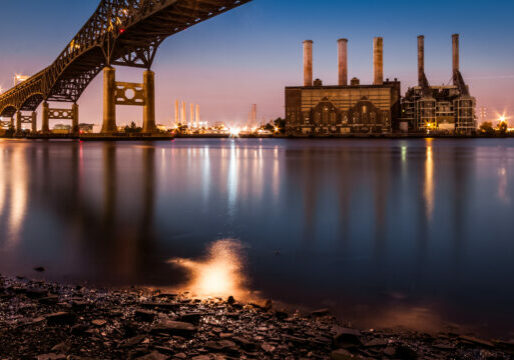 Jersey City, NJ, USA - June 28, 2012: Kearny Power Station and Pulasky Skyway at dusk